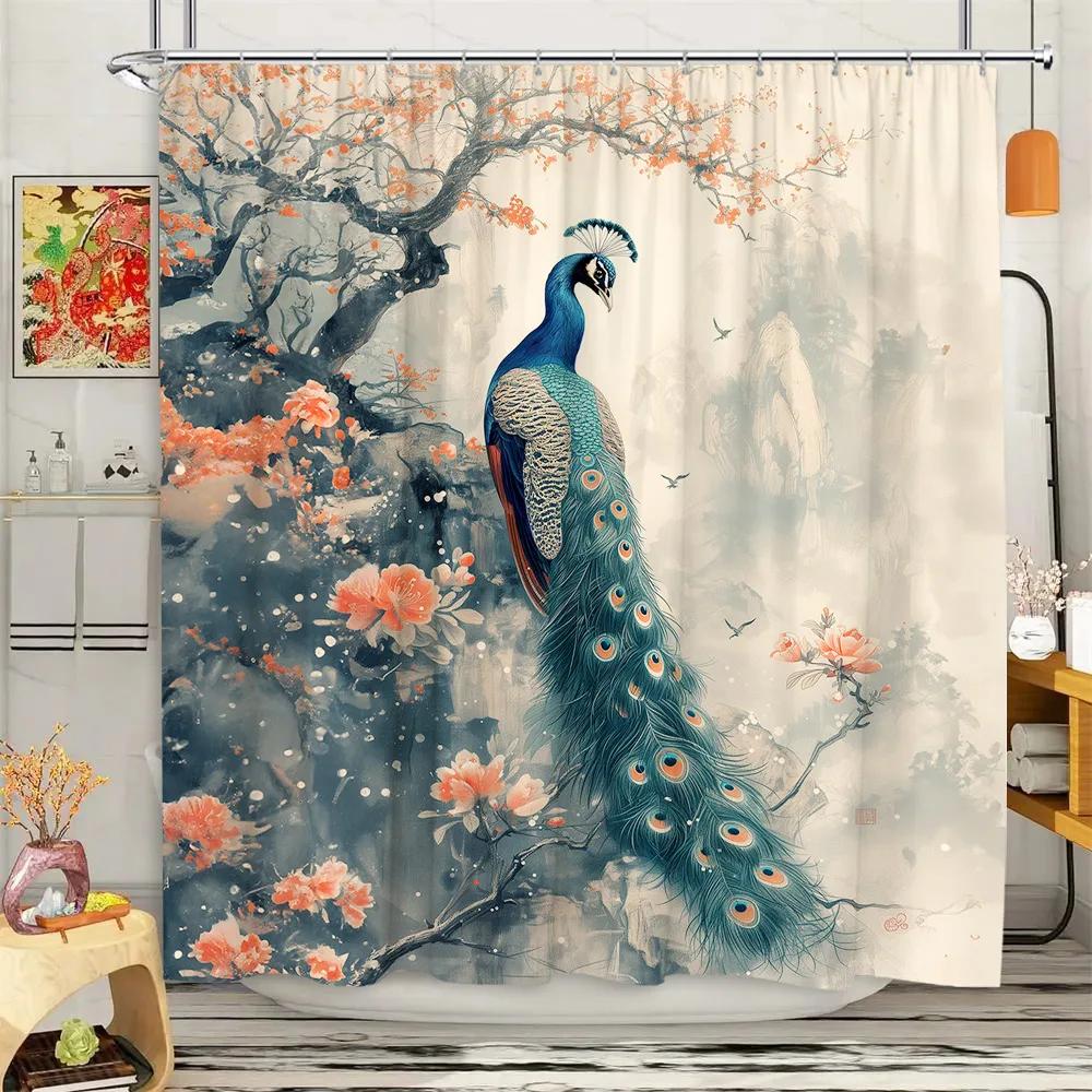 Peacock Shower Curtain Tropical Plant Flower Leaf Landscape Vintage Oil Painting Elegant Polyester Fabric Bathroom Decor Curta