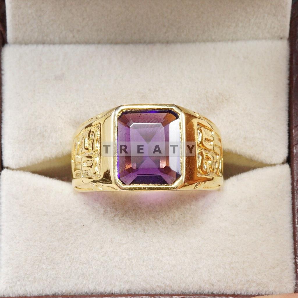 Amethyst Emerald Cut Gemstone With 925 Sterling Gold Plated Ring For Men's #B722 JL375692767213