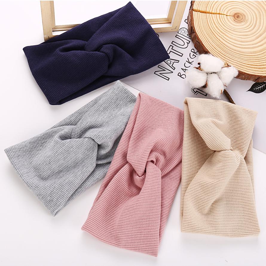 Kvinnor Flickor Enfärgade Hårband Stickade Bomullspannband Vintage Kors Turban Bandana Hårband Håraccessoarer