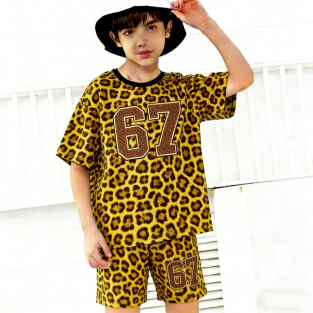 Number 67 Leopard Colored Printed Kids T-shirt and Shorts 2 Piece Set Summer Casual Outfit for Boys and Girls Kids Clothing Top