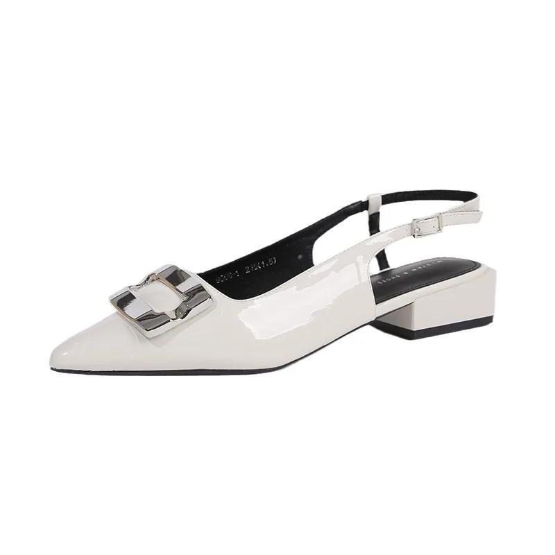 Lacquer Leather 3cm Heel Height Korean Version Sandals for Women 2024 Summer New Shallow Mouth Pointed Back Empty Sandals