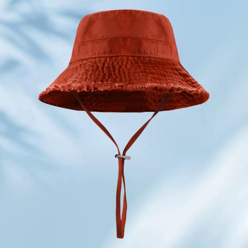 Raw edge cotton bucket hat embroidered female color visor, shopping sun protection hat