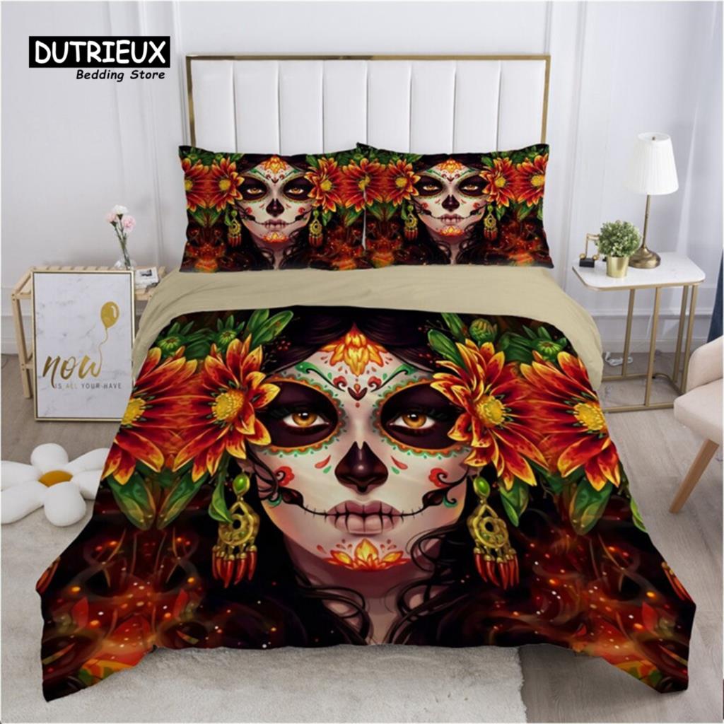 Sugar Skull Duvet Cover Gothic Skull Skeleton Bedding Set Horror Theme Comforter Cover Full King For Teens Adults Bedroom Decor