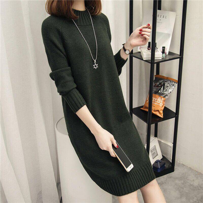Knitted Dress for Women Loose Mid - Length Korean - Style Sweater Solid Color Casual Half Turtleneck Pullover Autumn and Winter