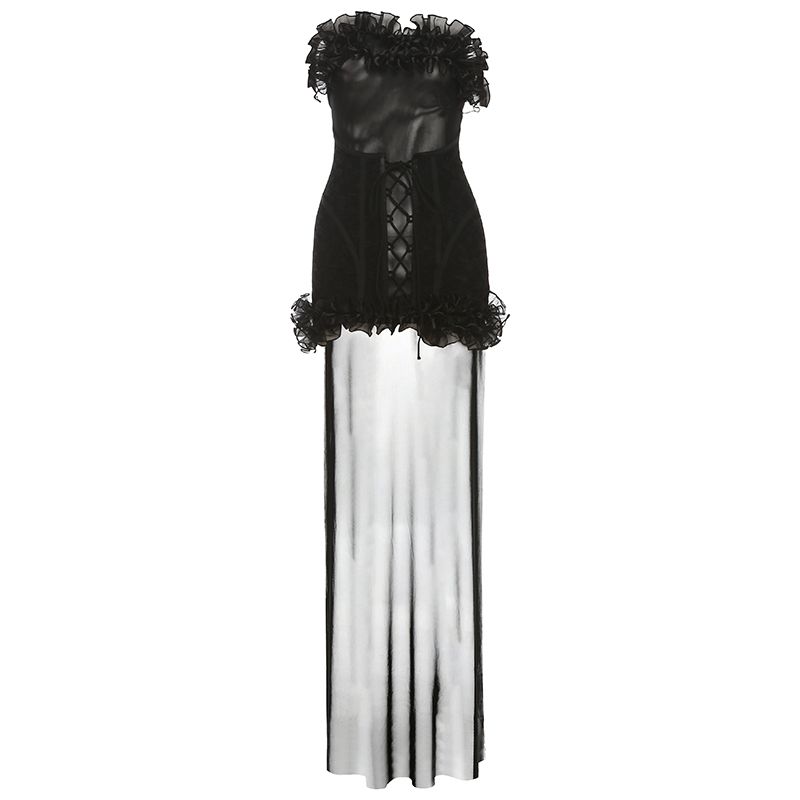 

# Sisjuly# Dark Taboo Cold Feeling Beautiful Mesh Tail Elegant Sexy Tube Top Dress Dress Female Black S
