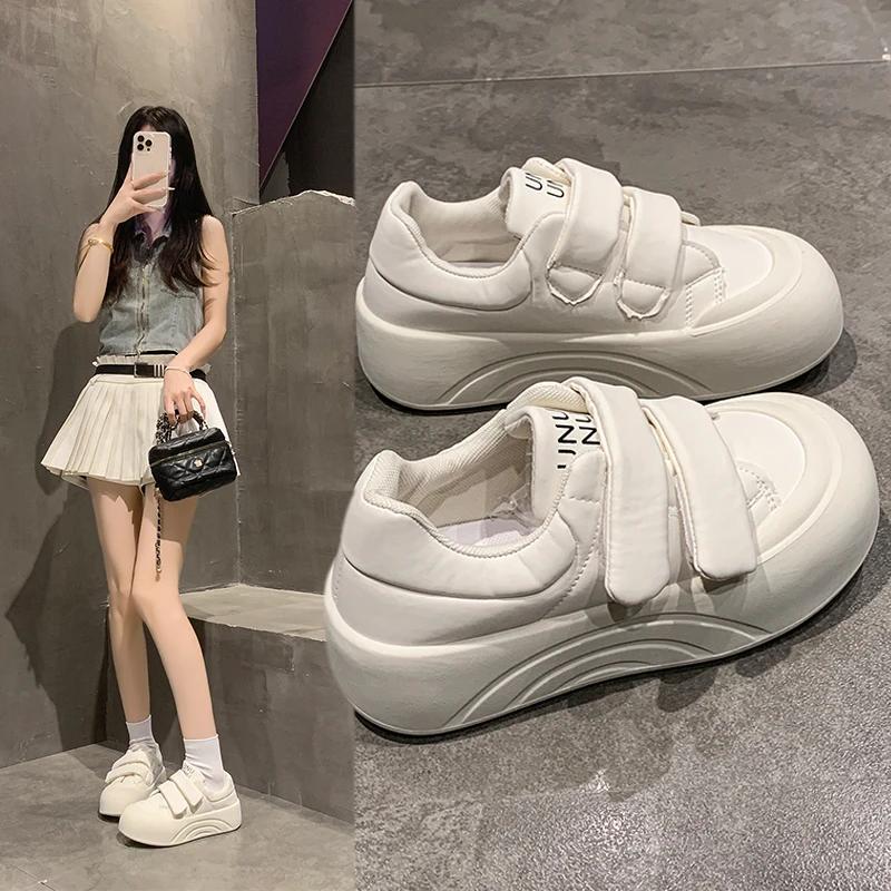 Fashion Cloudlike Thick Bottom Platform Slip-ons Women's Fashion Sneakers Spring 2025 Magic Tape Round Toe High Heel Korean Sle