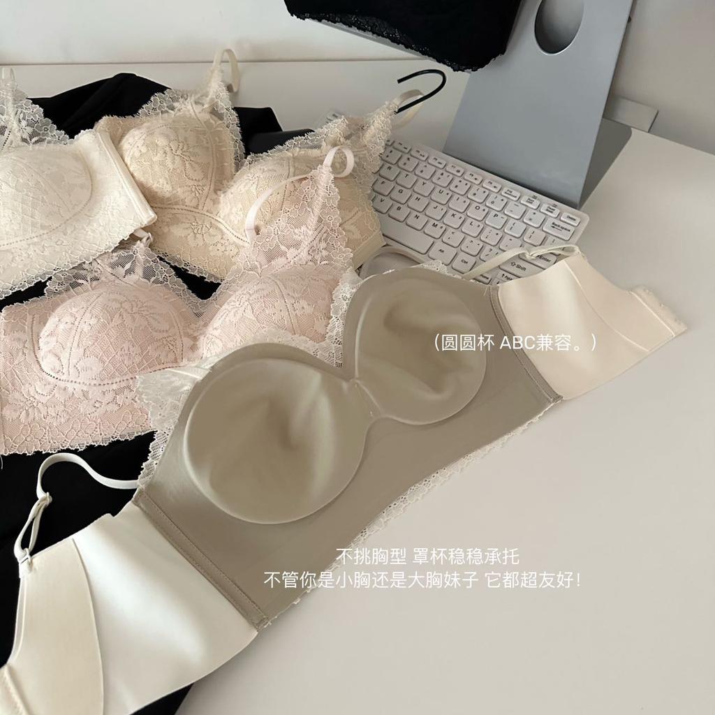 French Gentle Pure V-Neck Lace Underwear Women's Sexy Thin Steel Rim Gathering Anti-Sagging Traceless Bra Cover