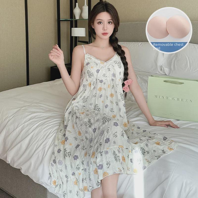 Sommerliches koreanisches Nachthemd aus gewebtem Krepp mit Brustpolstern – süß, dünn, reine Baumwolle für Damen