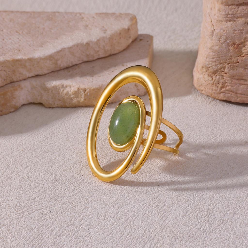 Vintage Green Stone Open Stainless Steel Rings For Women Fashion Gold Color Flower Zircon Ring Jewelry Aesthetic Anillos Gift