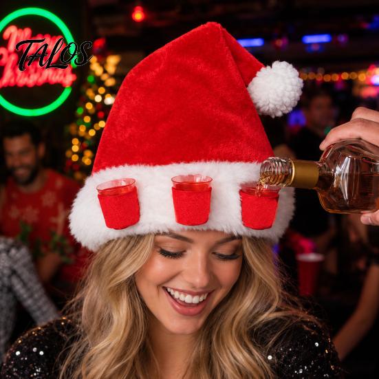 Plush Holiday Hat Christmas with Drink Holder, Adults Velvet Santa Claus Hands Free Holder Cap 3 Cups, Red Xmas for New Year Party Beer Drinking