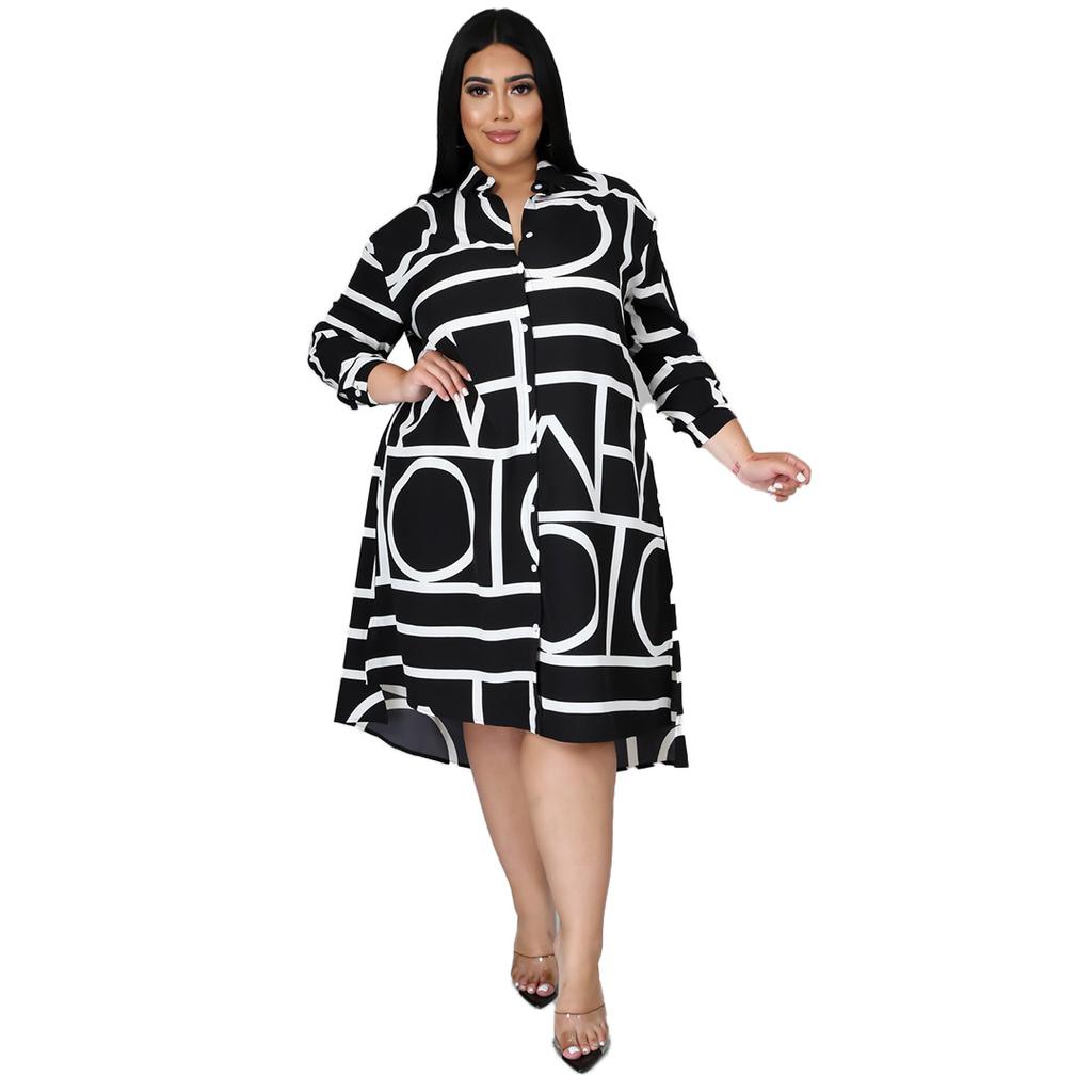 Plus Size Dress Printed Drawstring Waist Shirt Plus Size Dresses for Women