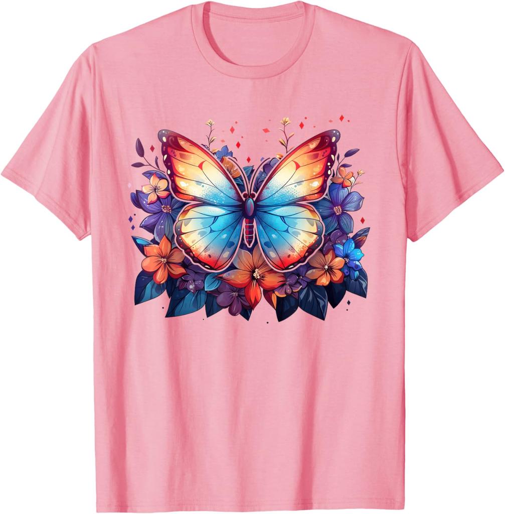 Colorful Butterfly Flowers Graphic Tee Men's Casual Short Sleeve Breathable T-Shirt