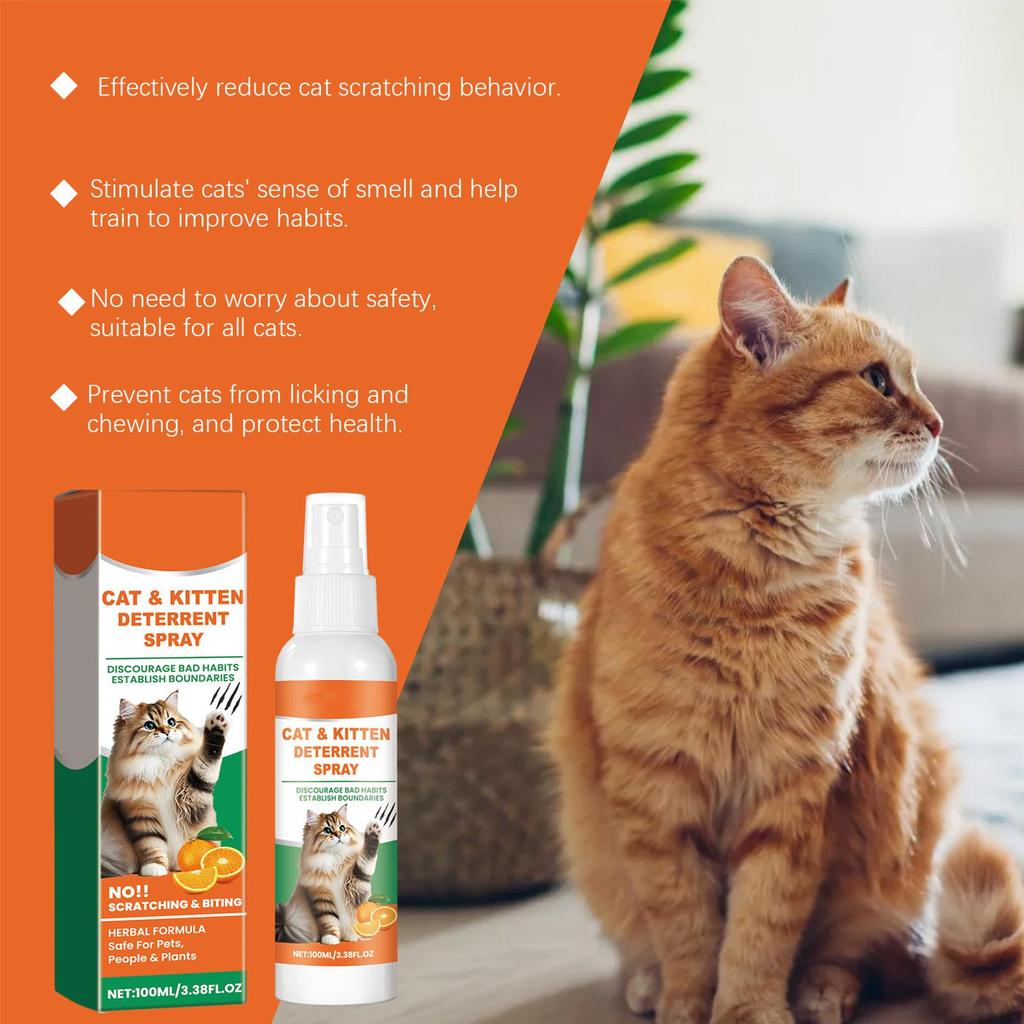 Spray Anti-arañazos para Gatos 100ml Fragancia a Naranja Protectores de Sofás y Cortinas Zona Restringida Detiene Arañazos de Gatos y Perros Ayuda de Entrenamiento para Mascotas