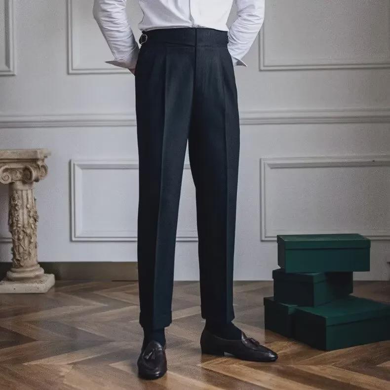 Herren High-Waist Straight-Leg Drape Hose - Britischer Stil Formal für Frühling & Herbst