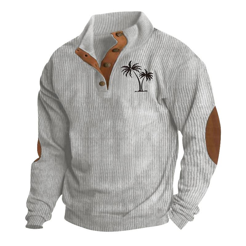 Autumn/Winter Men's Coconut Tree Print Casual Stand-Up Collar Long-Sleeved T-Shirt with Ribbed Corduroy Hoodie