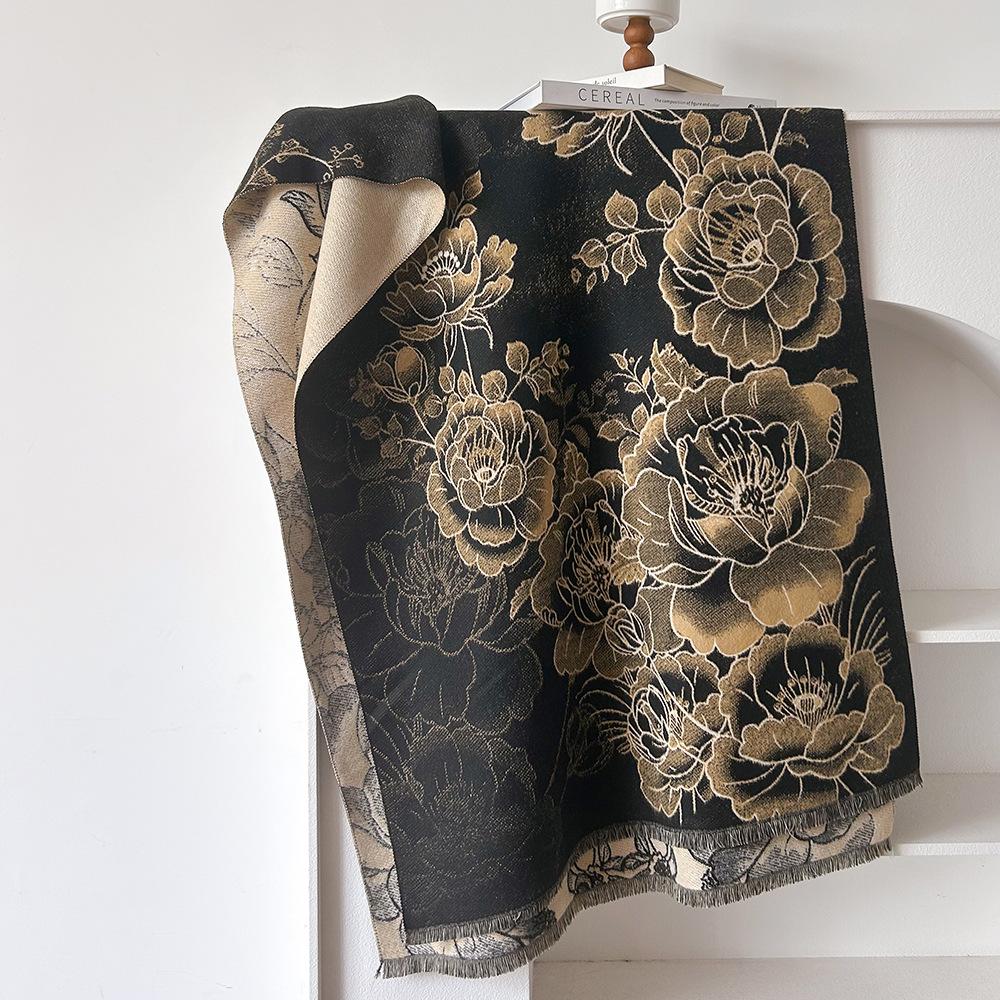 Vintage-Inspired for Lotus Print Scarf - Thick Warm Polyester Shawl for Women, Black & Cream Auspicious Design, Perfect for Winter Cold Weather