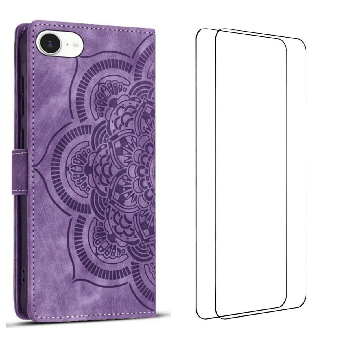 

For iPhone 16e Case with 2Pcs Tempered Glass WANLONFENG MTL Series Mandala Leather Phone Cover Purple