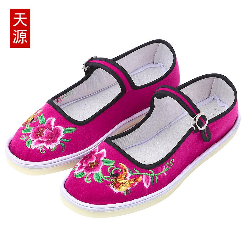Cow tendon sole old Beijing embroidered cloth shoes handmade online one-word belt women's retro embroidery ethnic style flat bottom