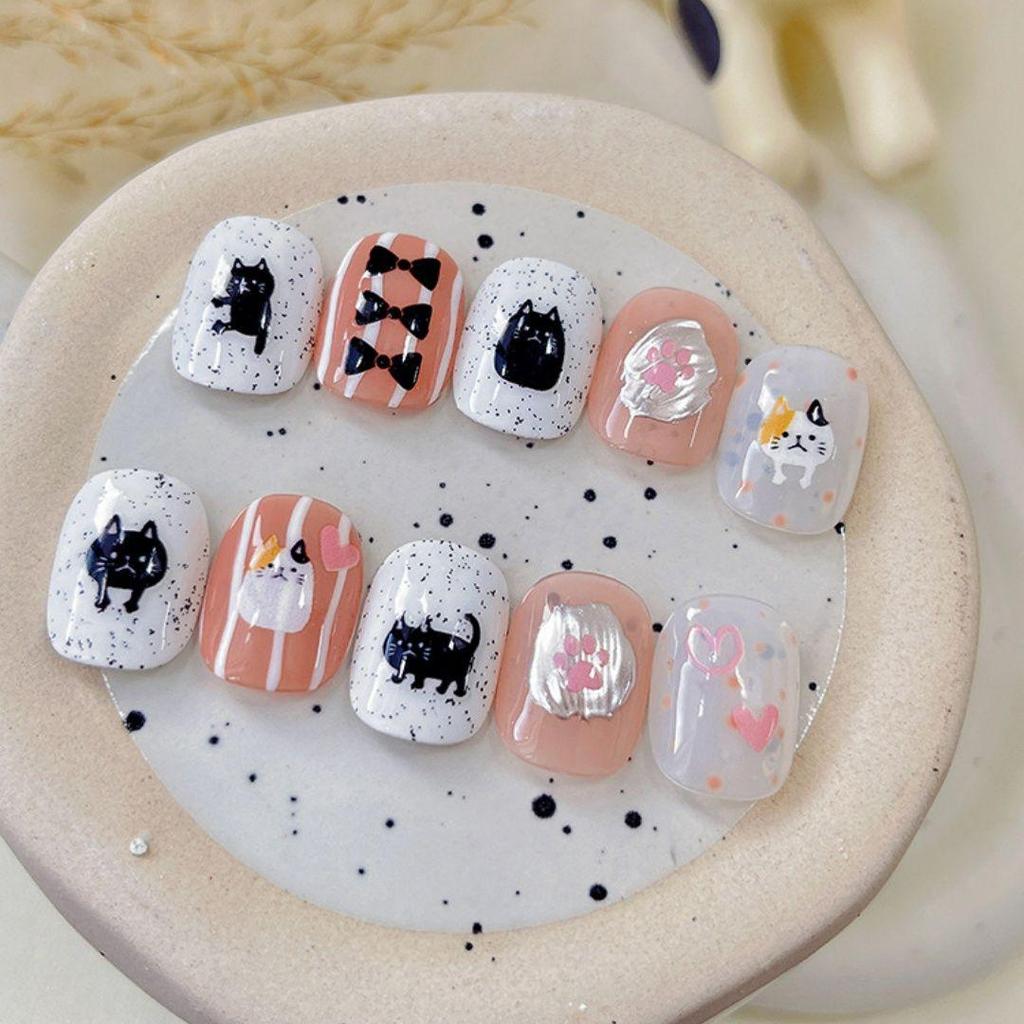 Adorable Cat-Themed Nail Art Stickers: Black, White & Pink Hearts, Paws, Ears - Thin & Durable