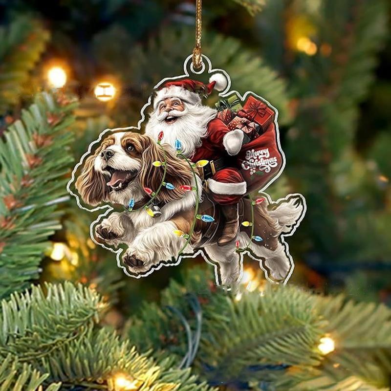 2026 Santa Claus And His Funny Dog Ornament 2D Flat Acrylic Pendant Christmas Decoration For Home Xmas Tree  Year Kerst