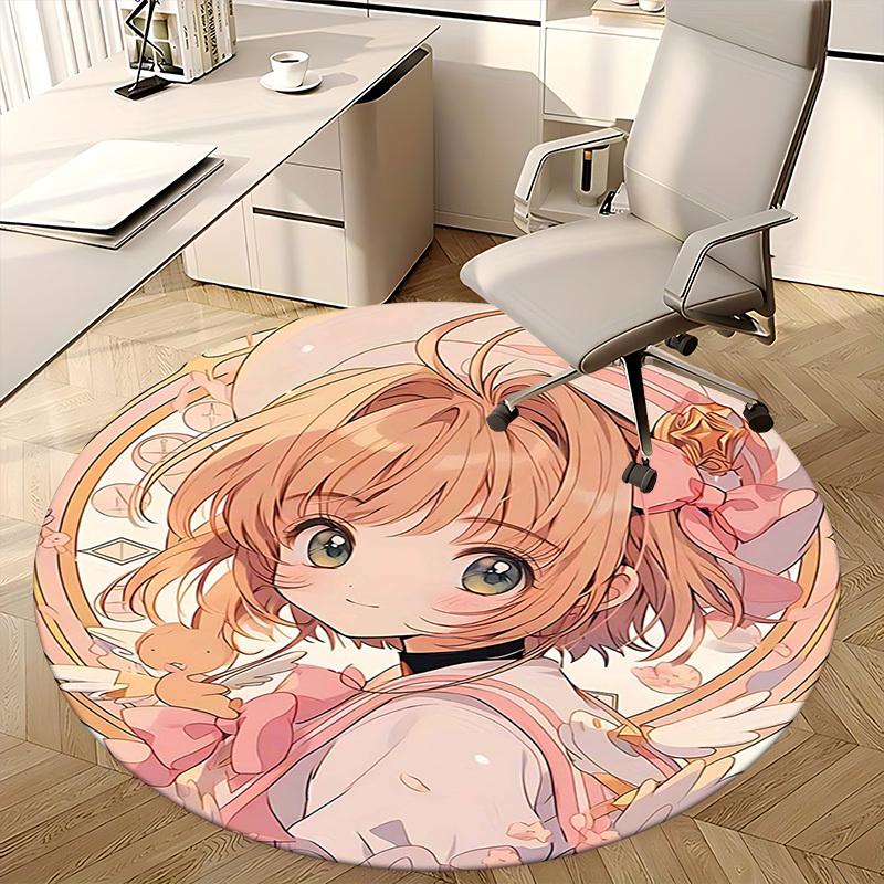 1pc Anime Design Round Carpet Office Chair Mat with Cute Girl and Flowers, Home Decor, Gaming Room