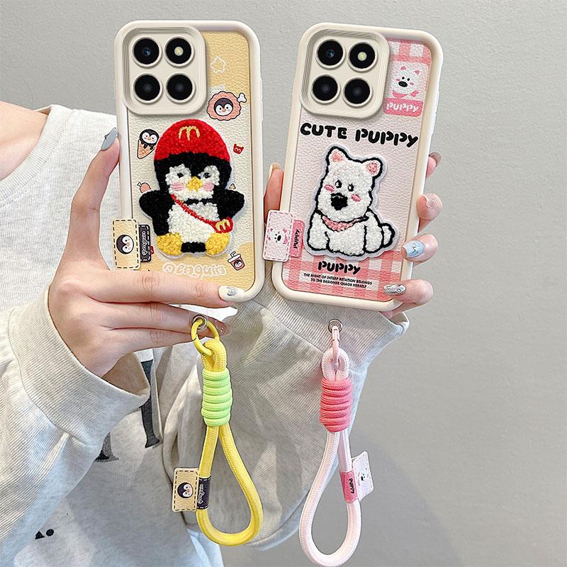 KEYSION Cartoon Cute Plush Embroidery Case for HONOR X6b X8c with Lanyard Silicone Shockproof Phone Cover for Huawei Honor X8c X6b