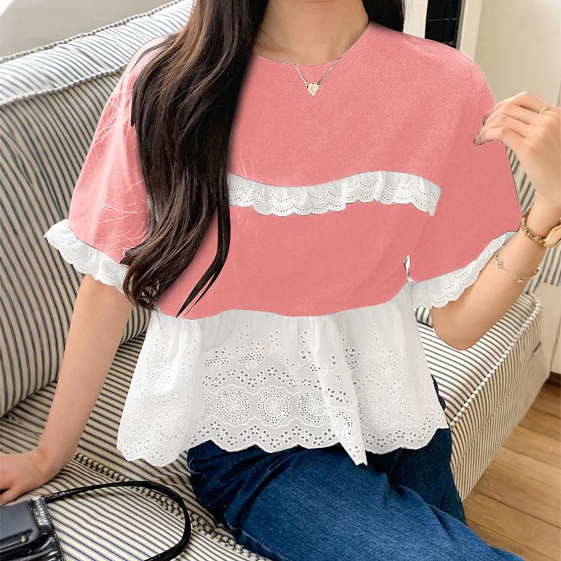 

ZANZEA Женская повседневная блузка с круглым вырезом, кружевной отделкой пэчворк, летняя, с коротким рукавом розовый