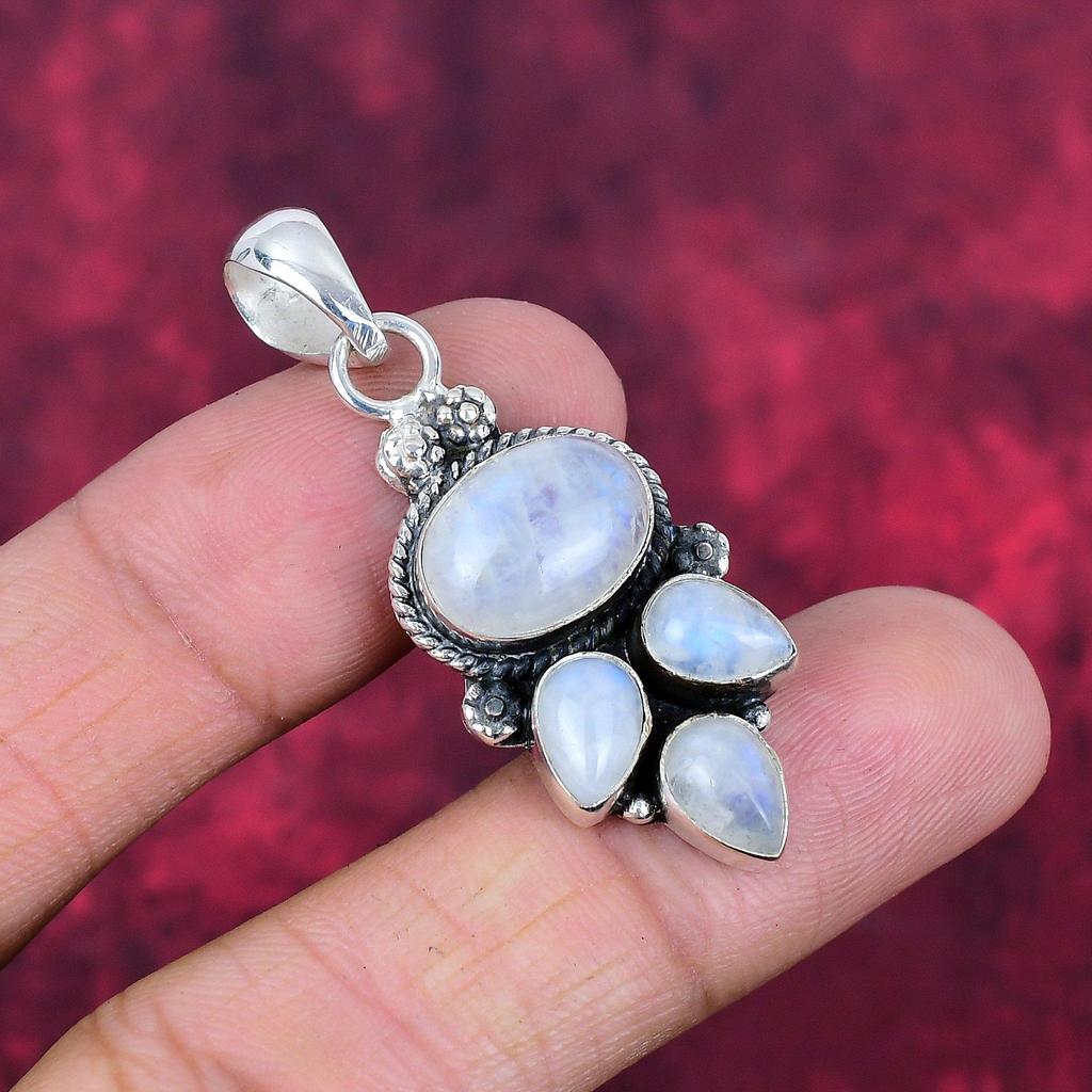 Regenbogen Mondstein Anhänger Edelstein Schmuck, 925 Sterling Silber Anhänger, handgemachter schöner Schmuck Anhänger