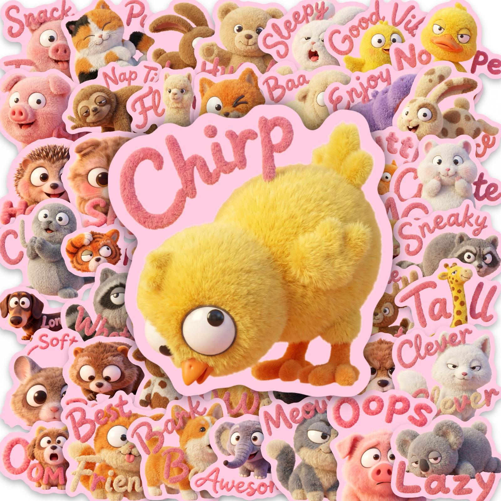 

50 3D Plush Small Animal Stickers Hand Account Gooka Cute Animal English Decorative Stickers