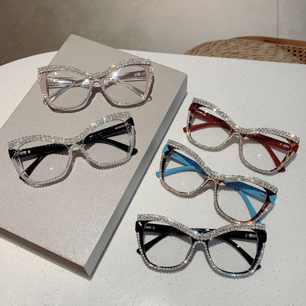 INS Rhinestone Glasses Luxury Large Frame Eyewear Comfortable To Wear Women Spectacles Selfie