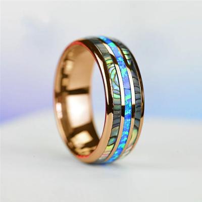 Anelli da uomo in acciaio inossidabile con intarsi in conchiglia di abalone, in tungsteno, color oro rosa, da 8 mm, con opale blu. Gioielli da uomo per matrimonio.