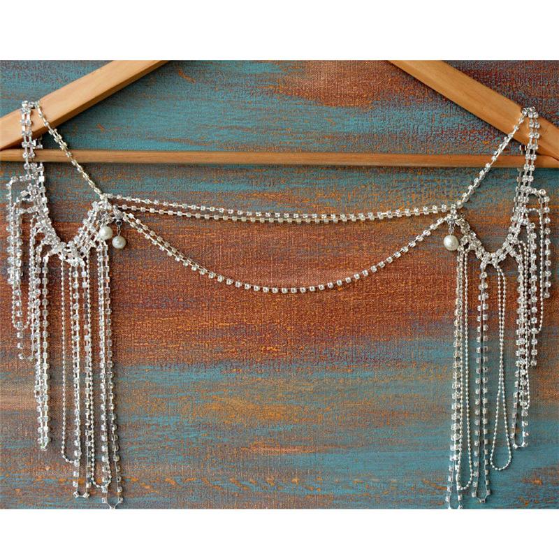 New Deluxe Multi-Layer Rhinestone Tassel Pearl Pendant Shoulder Chain Bridal Wedding Shiny Crystal Body Chain WHITE
