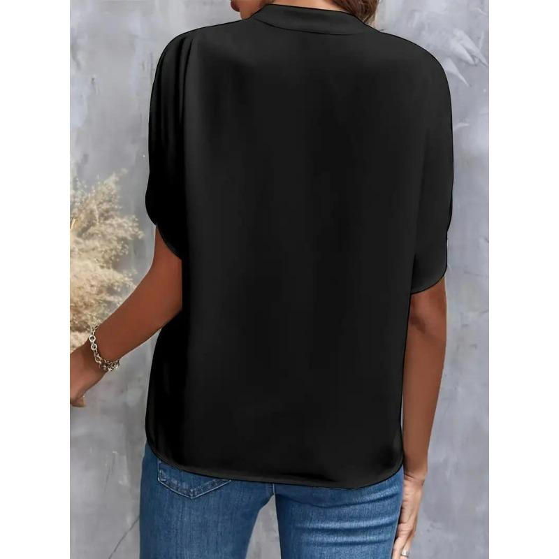 Women's V Neck Short Sleeve Loose Blouse Casual Summer Top