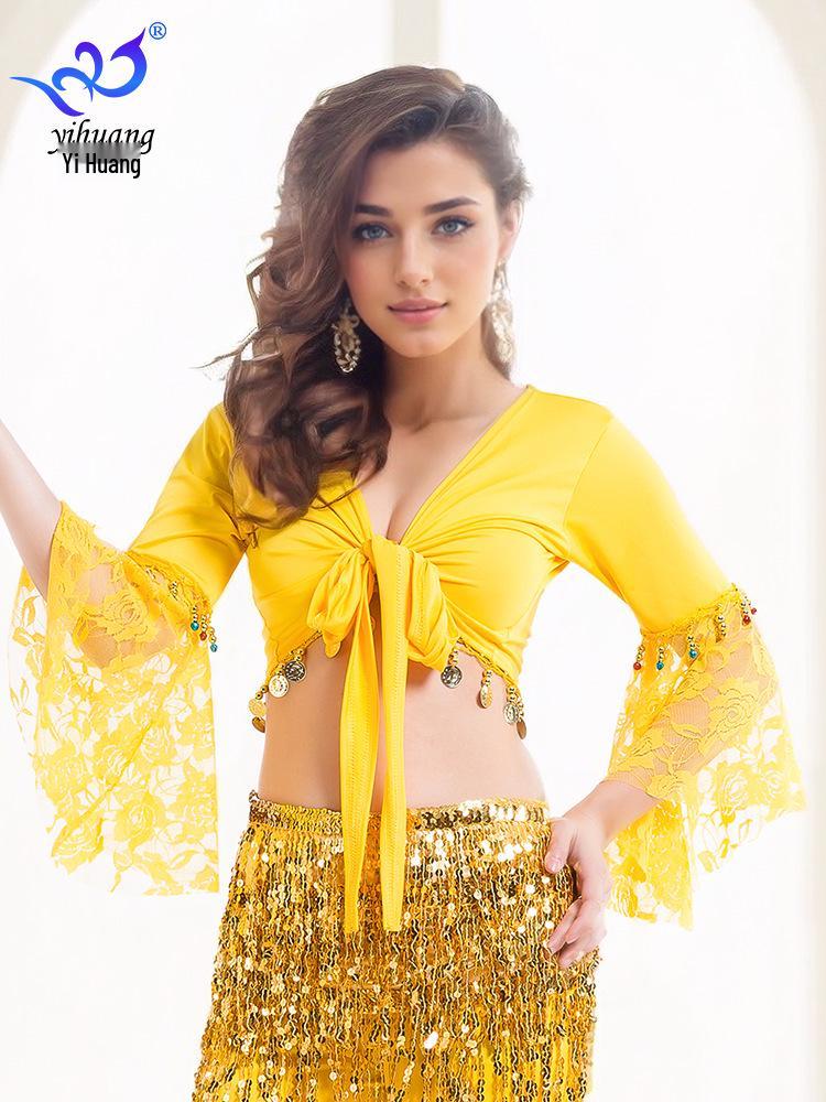 Belly Dance Lace Top with Flared Sleeves and Tassels for Performances
