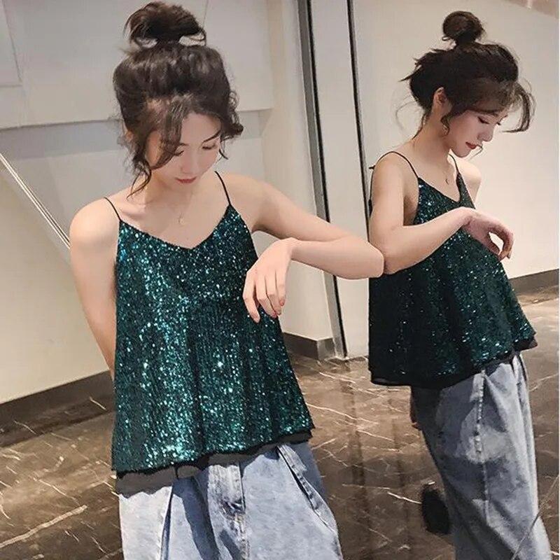 Women's Loose Casual Sequined Camisole Vest V Neck Shiny Sparkling Basic Top