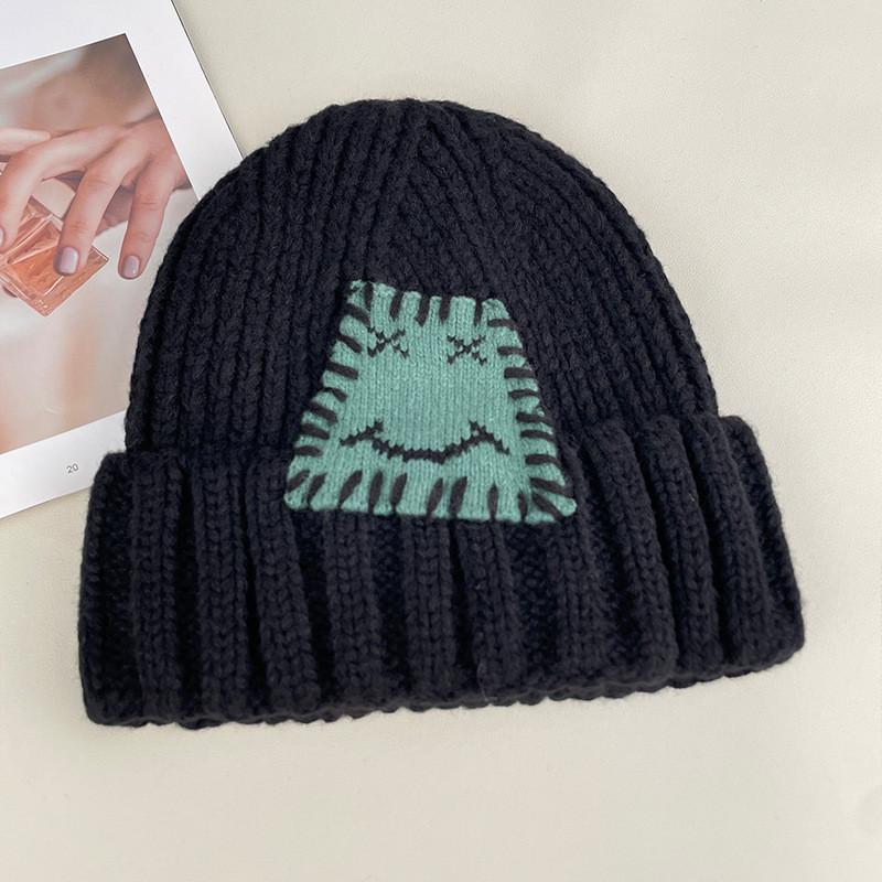 Expression Pattern Embroidery Knit Hat Women Autumn Winter Warm Thick Earmuff For Casual Outdoor Use