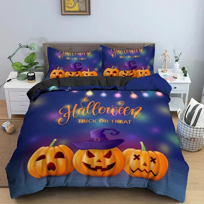 Happy Halloween King Queen Duvet Cover Orange Pumpkin Bedding Set Kids Teens Adults Bats Horror Festival Polyester Quilt Cover