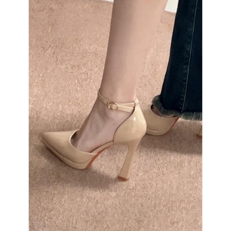 French pointed thick heel hollow word with commuter high heels new temperament versatile nude waterproof table sandals women