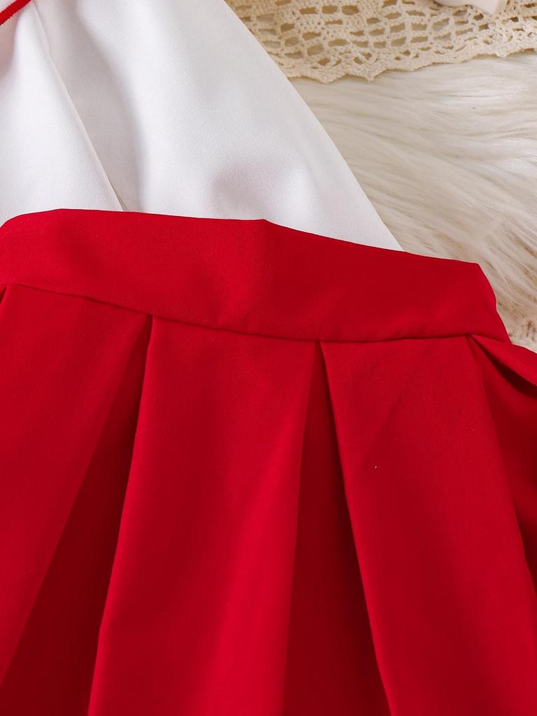 New Girl's European & American Clothing Set: White Long-Sleeve Top + Red Short Skirt