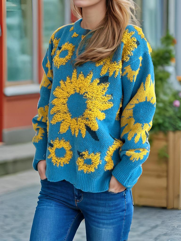 Autumn and winter new top sunflower jacquard round neck long sleeved knitted pullover sweater for women 3589