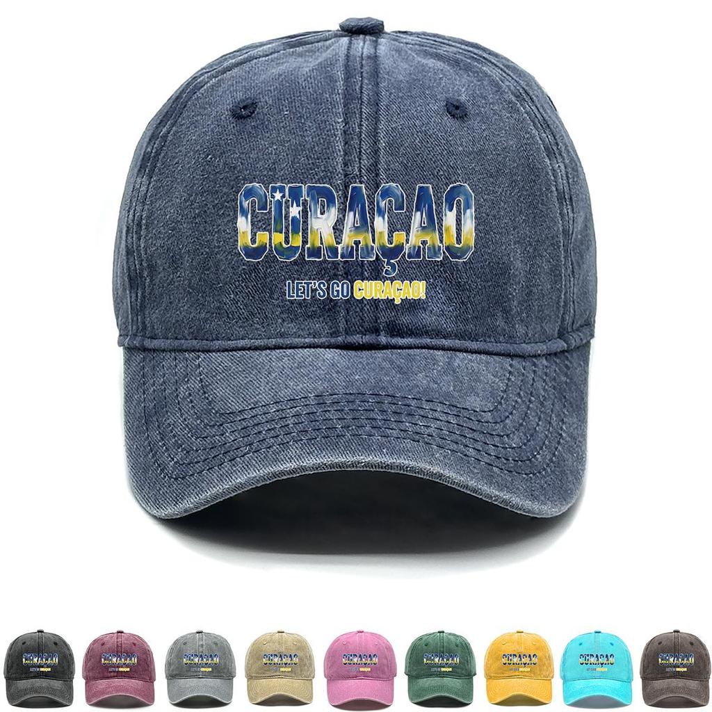 Snapback Baseball Cap With "CURACAO" "LETS'S GO CURACAO" Flag Printed , Adjustable Baseball Hat Retro Sporting Vintage Casual Dad Hat