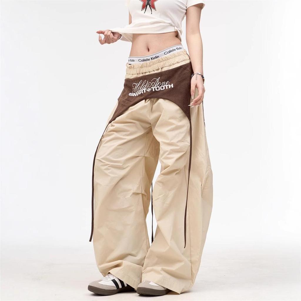 Europäischer & Amerikanischer Stil High-Sense Schnür-Cargohose mit Layered Wide-Leg Parachute Design