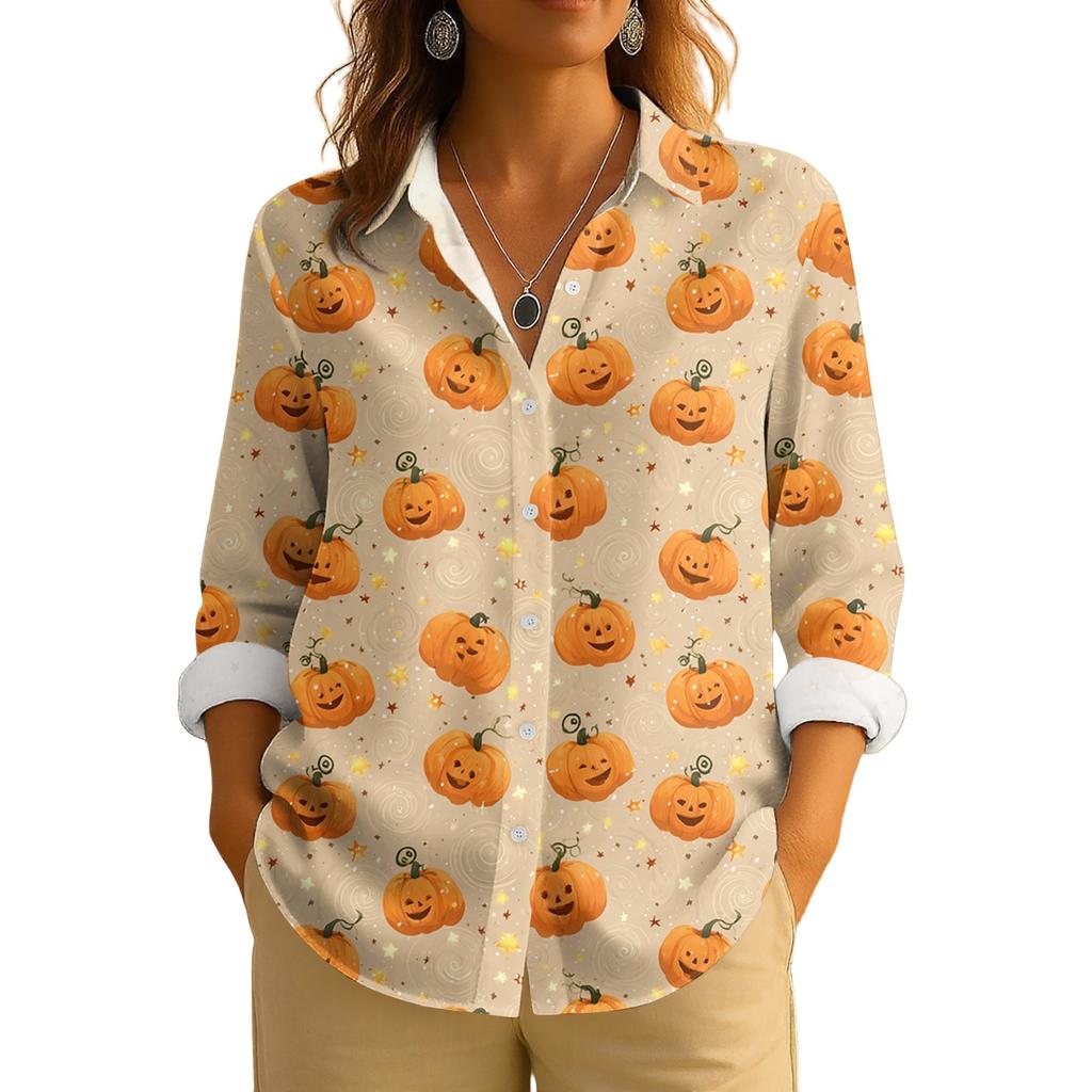 Women's Retro Halloween Printed Button Up Long Sleeved Casual Regular Shirt Collar Top