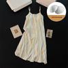 Women's Stripe Camisole Nightgown with Chest Pads - Mid-Length Summer Cotton Cardigan Pajamas for Indoors and Outdoors.