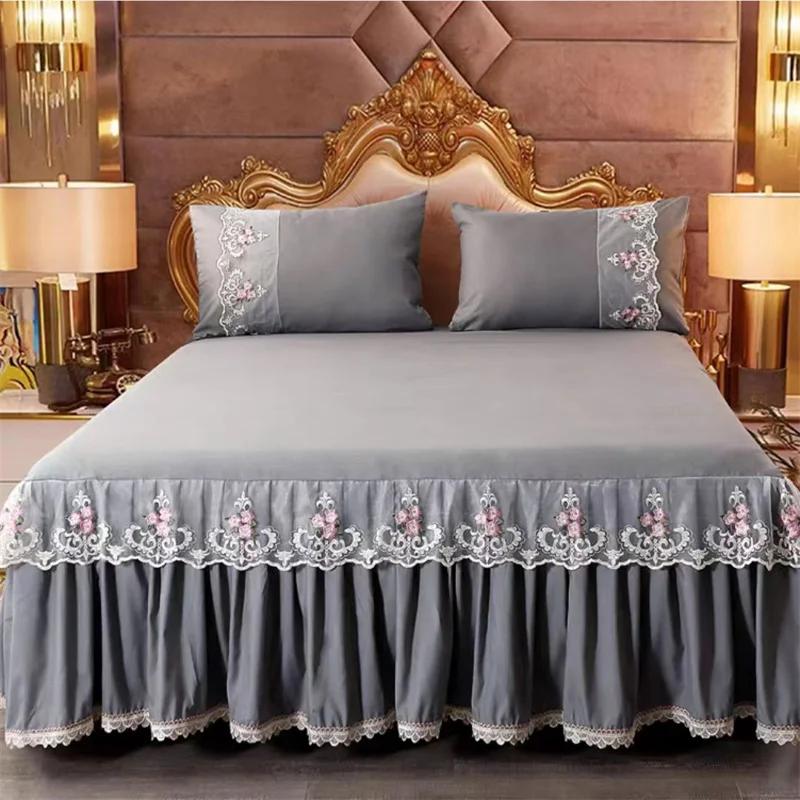Bedspread Ruffle Lace Exquisite Embroidery Bed Skirt  Anti Slip Princess Bed Cover 1.5/1.8/2 M Bed Dust Cover