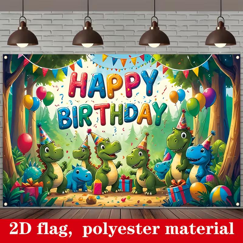 2D Dinosaur Happy Birthday Backdrop with Cartoon Dinosaurs, Gifts & Balloons
