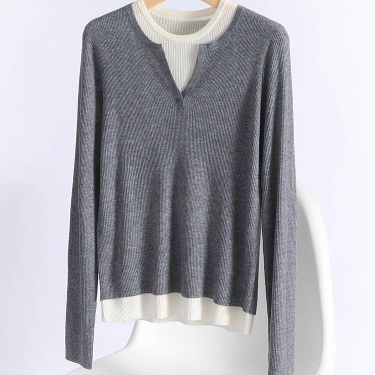 Women's 60s Fine Wool Color Block Sweater, Slim Fit, Elastic Round Neck, Fake Two-Piece Knitwear for Spring & Autumn