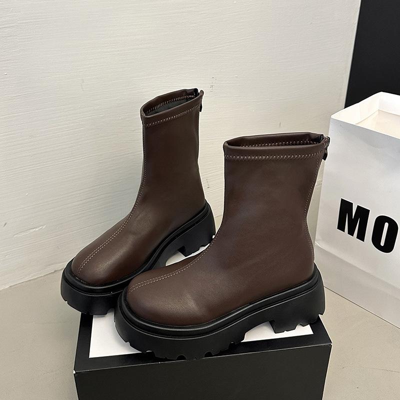 Black Retro British Style Thick Heel Thick-soled Martin Boots Women's 2025 New Autumn and Winter Heightening Short Thin Boots