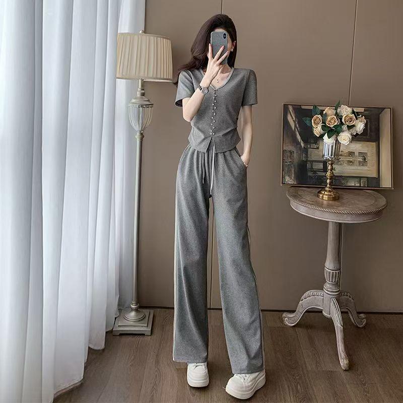 Women's Summer Casual Two-Piece Set: Stylish Korean Short Sleeve Top & Wide Leg Pants
