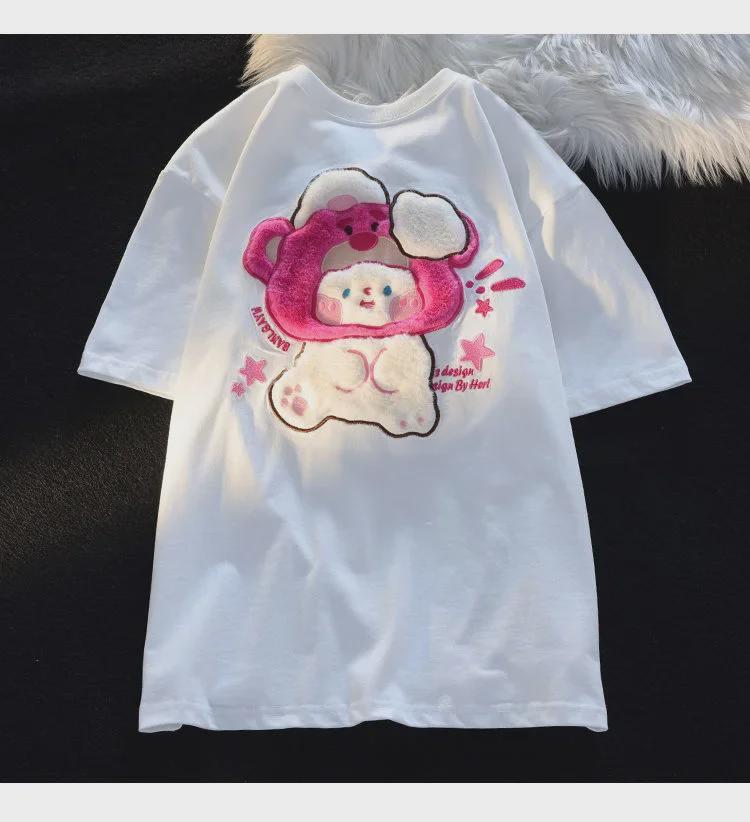 Women's Summer Bear & Rabbit Cotton T-shirt - Short-Sleeve, Loose Fit, Trendy Design